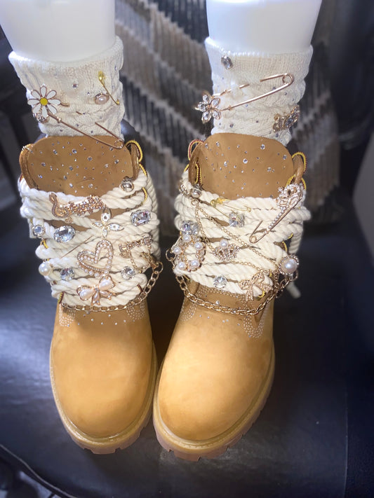 Custom Rhinestone Timberland Boots + Junk Socks Combo — Handcrafted Bling Street Style