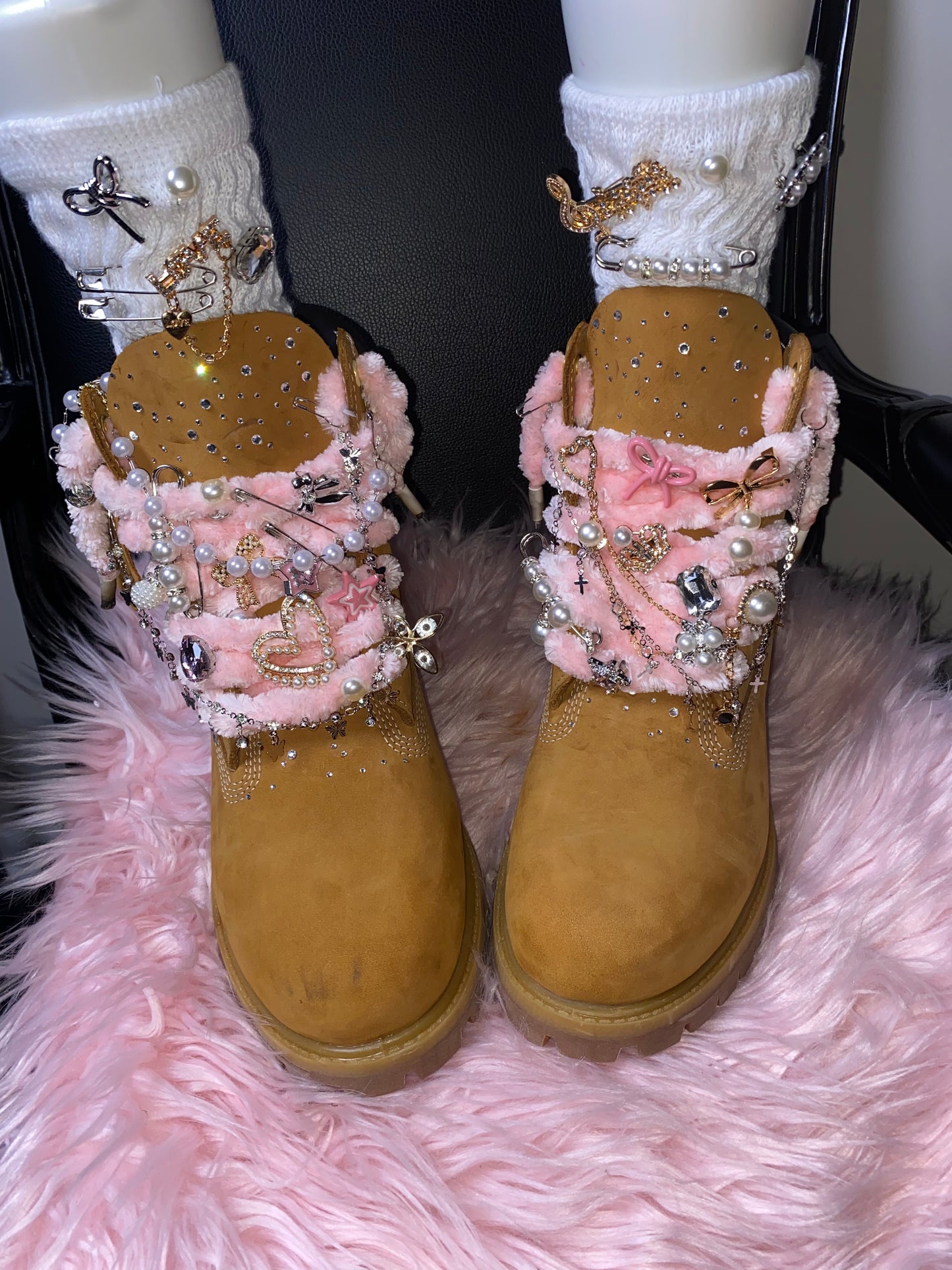 Custom Rhinestone Timberland Boots + Junk Socks Combo — Handcrafted Bling Street Style