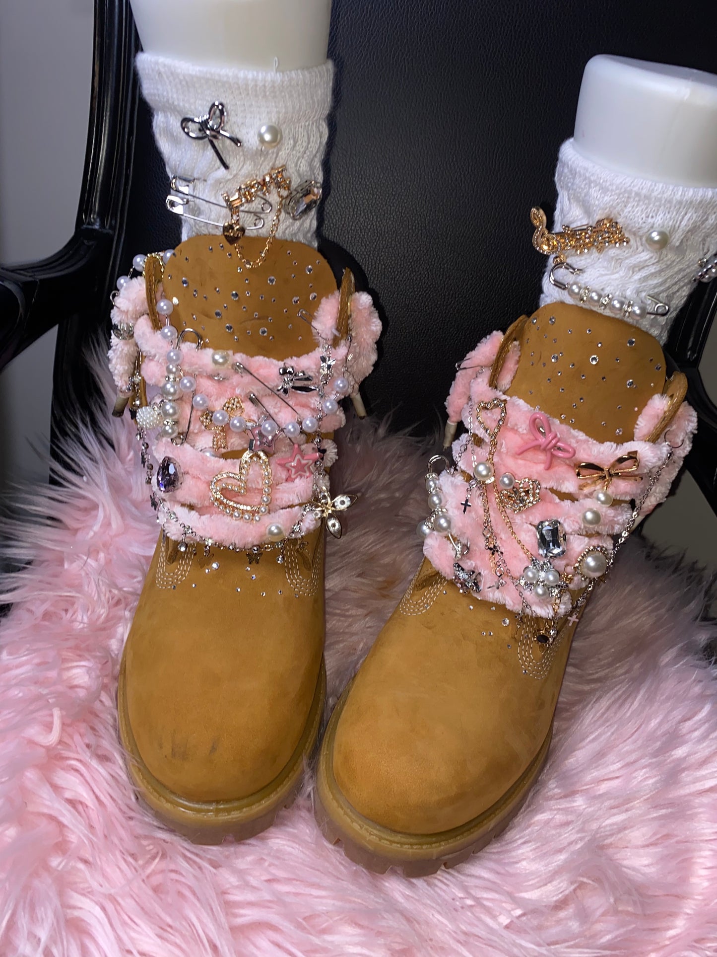 Custom Rhinestone Timberland Boots + Junk Socks Combo — Handcrafted Bling Street Style
